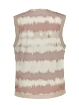 Chaleco largo sin mangas con estampado abstracto en tonos rosa, beige y blanco.
