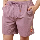 Bermuda de baño color lila con cintura elastizada, cordón de ajuste naranja y logo estampado en la pierna derecha.