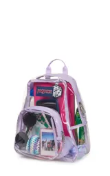 Mochila mini transparente con detalles en color lila pastel, marca JanSport.