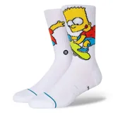 Medias blancas de corte crew con diseño de Bart Simpson en patineta. Confeccionadas con tecnología Infiknit para mayor durabilidad, cuentan con elástico superior y refuerzo en puntera y talón.