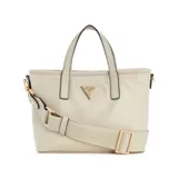 Cartera tote Guess Latona Mini, color blanco hueso, con doble asa de mano y correa bandolera extraíble con logo estampado. Tiene logo triangular metálico dorado en el frente y herrajes dorados.