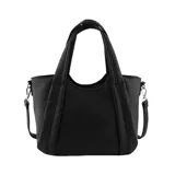 Bolso de mano tipo tote bag negro, con textura de cuero sintético, asas de mano y correa ajustable desmontable para llevar al hombro. Presenta un grabado en la parte inferior con la frase "o, my love" en color rosado metálico y un logo en la parte superior central.