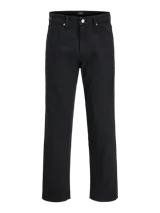 Pantalón jean negro de corte recto, tiro alto y diseño clásico de cinco bolsillos.