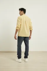Camisa de lino rosada, de manga larga con cuello mao y cierre parcial con botones.