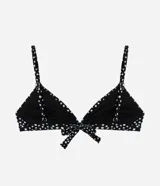 Top de bikini triangular con estampado de lunares, breteles ajustables y lazo en la espalda. Confeccionado en microfibra con rellenos removibles.