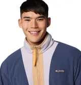 Chaqueta de forro polar Columbia Backbowl II Light FZ, color azul, blanco y beige, con cierre frontal, cuello alto, bolsillos laterales con cremallera y logo bordado en el pecho.