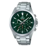 Reloj cronógrafo Casio Edifice con caja y brazalete de acero inoxidable plateado. Presenta una esfera de color verde oscuro con tres subesferas, ventana de fecha y cristal mineral resistente. Cuenta con movimiento de cuarzo y resistencia al agua de 100 metros.