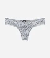 Bombacha bikini gris claro con encaje floral negro y moño negro en el centro.