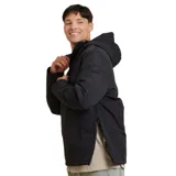 Campera negra con capucha y cierre frontal, diseñada para un look casual y cómodo.