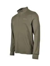 Buzo gris de poliéster reciclado y spandex, con cuello alto y cierre de cremallera hasta el pecho. Tiene mangas largas con orificios para los pulgares y logo de la marca en el pecho.