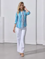 Blusa de gasa estampada con rayas verticales en tonos celeste, azul y blanco. Tiene cuello a la base con escote en V y abertura con botones. Las mangas largas son de largo regulable.