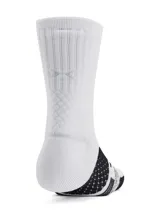 Medias deportivas blancas con detalles en celeste y gris, de largo medio y tejido acanalado.