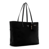 Bolso tote grande Guess Eco Gemma, color negro, confeccionado en poliéster, Eco-Nylon y PU sintético, con herrajes dorados. Incluye un monedero extraíble, doble asa de hombro y cierre con cremallera.