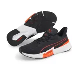 Championes Puma PWRFRAME de hombre, color negro con detalles en naranja y blanco.