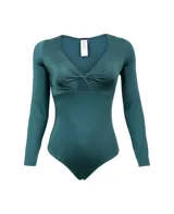 Body enterizo de lycra color verde petróleo, con escote en V y abertura en el centro del pecho.