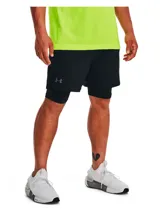 Short deportivo Under Armour Vanish Woven 2N1 para hombre, color negro con logo en gris. Cuenta con calza interior ajustada para mayor soporte y comodidad.