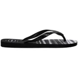 Ojotas Havaianas Top Basic con plantilla a rayas en tonos azul y blanco, y tiras azul marino con logo de la marca.