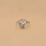 Anillo plateado con clave de sol dorada en el centro.