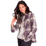 Camisa a cuadros color crema, rosa y marrón, de corte holgado, con dos bolsillos frontales con botón, cierre frontal con botones metálicos y logo de la marca en la costura lateral.