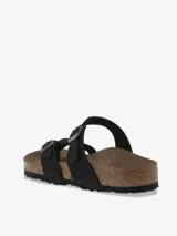 Sandalias Birkenstock modelo Mayari, color negro, con dos correas ajustables con hebilla y tira entre los dedos.