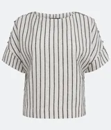 Blusa de algodón color blanco con rayas verticales negras, cuello redondo y botones decorativos en los hombros.