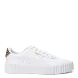 Championes Puma Carina 3.0 Animal Flair, color blanco con detalles dorados y animal print en el talón.
