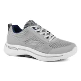 Championes grises Skechers GOwalk Arch Fit Idyllic para hombre, con capellada de malla técnica, cordones, plantilla Arch Fit removible con soporte en el arco plantar certificado por podólogos, entresuela Ultra Go liviana con amortiguación y tecnología Comfort Pillar para mayor soporte.