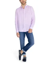 Camisa de manga larga blanca de lino orgánico con tejido melange, cuello clásico, cierre con botones y logo bordado al tono.
