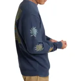 Buzo azul con cuello redondo y puños acanalados. Presenta un estampado en el pecho con el logo de la marca Roark y un diseño de hojas en la manga izquierda.