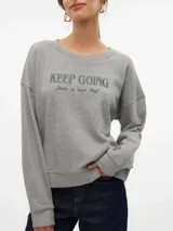 Sudadera gris melange con cuello redondo, mangas largas y estampado frontal con la frase "KEEP GOING Have a nice day!".