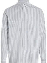 Camisa de vestir blanca con rayas verticales azules, de corte regular, cuello inglés y mangas largas. Cierre frontal con botones.