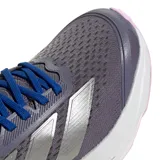Championes de running Adidas Duramo SL 2, color gris oscuro con detalles en azul eléctrico, lila y rosado. Presentan una malla transpirable, tres franjas laterales plateadas y una suela gruesa blanca con detalles de color en la parte inferior.