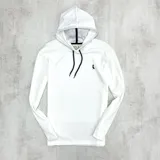 Canguro blanco de punto, con capucha y bolsillo frontal, fabricado en algodón 100%.