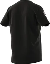 Remera deportiva Adidas Own The Run para hombre, color negro con logo blanco en el pecho y tres tiras blancas en las mangas. Cuello redondo con inscripción "Running".