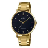 Reloj Casio para mujer con caja y brazalete de acero inoxidable color dorado, esfera negra de 40mm, agujas doradas y cristal mineral.
