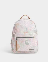 Mochila de cuerina con estampado paisley multicolor, correas regulables, manija superior, cierre superior, bolsillo frontal con cierre y tag de metal.
