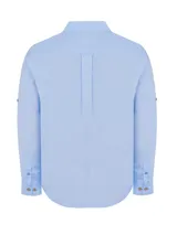Camisa casual de hombre RKF Galiton, color amarillo claro, de manga larga ajustable con botones de madera. Confeccionada en popelina 100% algodón orgánico, con bolsillo de pecho con logo bordado y protección UV 20+.