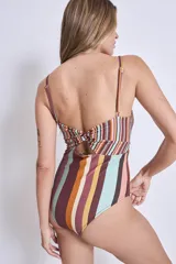 Traje de baño enterizo a rayas verticales multicolores con breteles finos y escote en V con detalle de nudo.