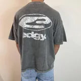 Remera gris con efecto gastado, corte boxy y estampado trasero con logo de la marca Edgy en blanco.