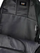 Mochila azul con estampado geométrico, logo de la marca en el frente, tirantes ajustables de malla elástica, bolsillo portaobjetos y ranuras para bolígrafos en el compartimento principal, compartimento trasero con bolsillo acolchado para portátil y cierre de cremallera.