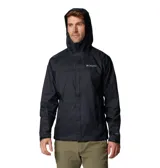 Campera impermeable Columbia Watertight II para hombre, color negro, con capucha ajustable, cierre frontal con cremallera, bolsillos laterales con cremallera, puños ajustables con velcro y dobladillo ajustable con cordón. Logo de Columbia estampado en el pecho. Se guarda en su propio bolsillo.