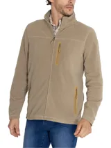 Campera polar RKF Glasgow color beige, con cuello alto, cierre frontal completo y tres bolsillos con cierre. Confeccionada con poliéster reciclado.