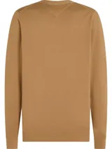 Sweater cardigan color camel de algodón, con cuello en V, cierre con botones y logo de Tommy Hilfiger bordado en el pecho.