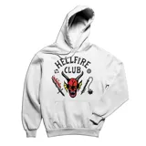 Canguro blanco con capucha y bolsillo frontal, con estampado del logo del Hellfire Club en el pecho.