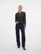 Cárdigan negro de punto con lurex plateado, cuello polo y cierre de botones.