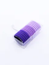 Pack de 15 gomitas de pelo elásticas, color violeta en diferentes tonalidades.