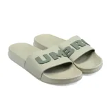 Ojotas Umbro de goma color gris claro, con logo de la marca en verde en la tira.