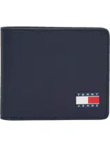 Billetera plegable Tommy Jeans color azul marino, confeccionada en cuero y poliéster, con logo de la marca en el frente.