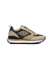 Championes urbanos Umbro modelo Venturi, combinan cuero, malla y gamuza en tonos beige, verde oliva y negro. Presentan el logo de la marca en el lateral y cordones verdes.