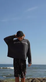 Buzo de tejido de punto gris oscuro con textura acanalada vertical y cuello polo con escote en V. Presenta un estampado grande en blanco con el texto "glassy wa".